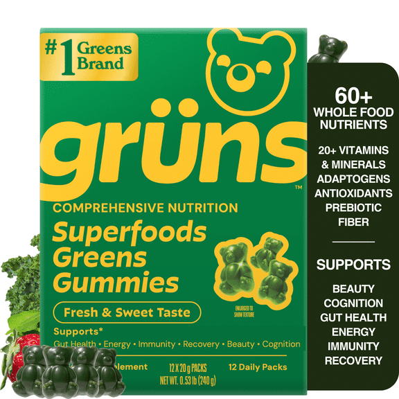 Gruns Adult Superfood Greens Gummies, with 60 Organic Ingredients, 21  Vitamins & Minerals, Prebiotics and Fiber for Digestion, Adaptogens, Spirulina & Chlorella, 12 Servings