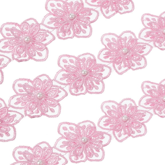 Uxcell 1 Yards Flower Trim Ribbon, 3 Pack Floral Lace Ribbon Pearl Edging Decorating Embroidered Trim Style 1, Pink