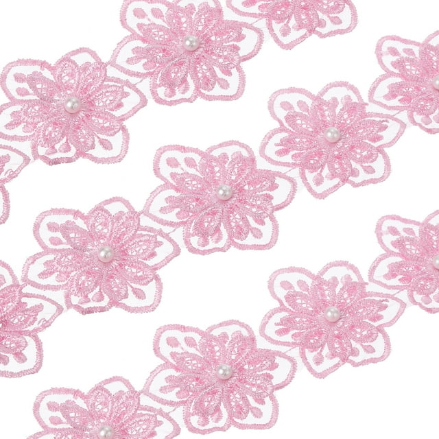 Unique Bargains 1 Yards Flower Trim Ribbon, 3 Pack Floral Lace Ribbon Pearl Edging Decorating Embroidered Trim Style 1, Pink