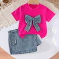 thumbnail image 5 of RMGVDSD Girls Outfits Set Girl Fashion Clothes Short Sleeve Bow T-Shirts With Pearl And Denim Skirt Shorts Two Piece Set Summer Casual Wear 2-3 Years, 5 of 5