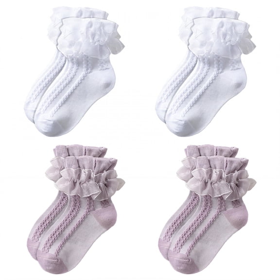 TELOLY 4Pairs Kids Socks,4-6 Years Old Ruffle Socks,Plain Style Lace Socks,Combination1