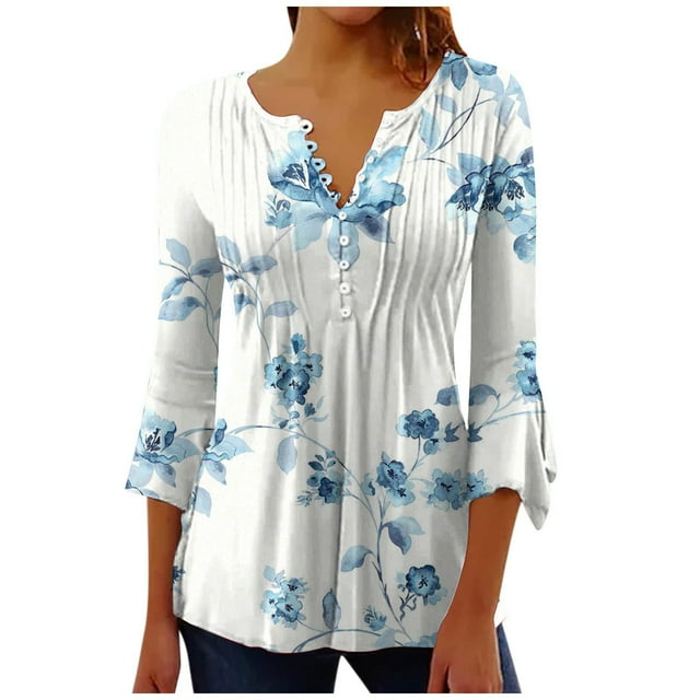 Pompotops Tunique Décontractée à Manches 3/4 Imprimée Florale Col en V pour Femmes Chemises Basiques d'Été Blouse Plissée Liquidation