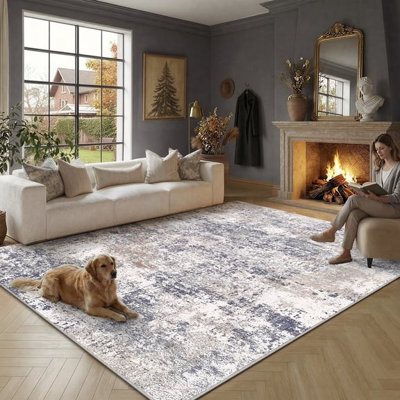 BERTHMEER 5'x7' Area Rugs for Living Room Bedroom Kitchen Rugs Abstract Washable Modern Contemporary Distressed Dorm Office Dining Room Indoor Rugs Carpets, Blue Brown
