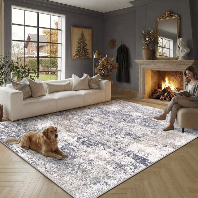 BERTHMEER 6'x9' Area Rugs for Living Room Clearance Bedroom Dining Room Office Farmhouse Kitchen Indoor Abstract Contemporary Neutral Modern Machine Washable Rugs Carpets, Blue Brown