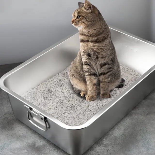 HLONK Bac à Litière pour Chat en Acier Inoxydable, Toilette pour Chat Ouverte Intégrée, Résistante aux Chutes, Rehaussée et Étanche