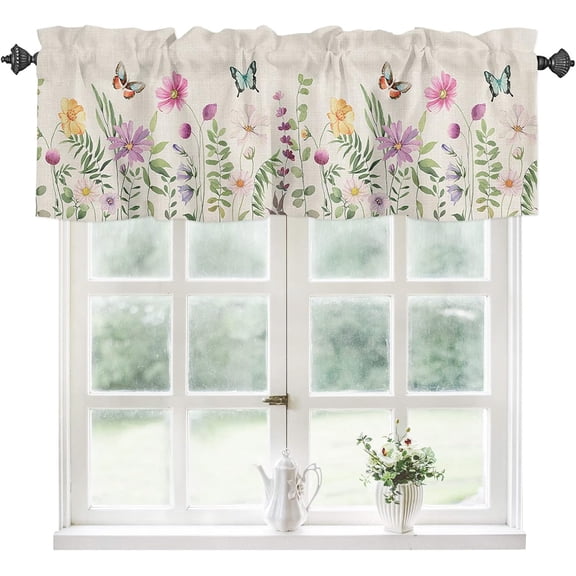 Botanical Window Valance Curtains Meadow Plants Flower Leaves Spring Watercolor Floral Vintage Window Treatment for Kitchen Bathroom Bedroom Butterflies Rod Pocket Short Curtain 1 Panel, 54x18 in