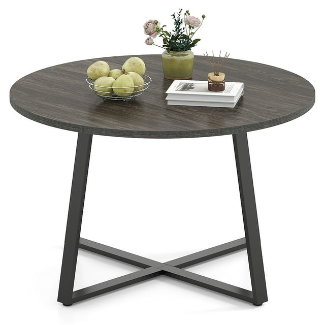 Gymax Table à Manger Ronde de 47 Pieds' avec Base Piédestal en Métal, Base Stable en X pour Cuisine, Gris et Chêne