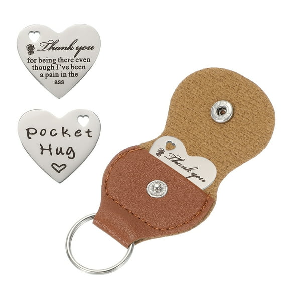 Pocket Hug Token, Heart Double Sided Coin with Leather Keychain Long Distance Relationship Inspirational Keepsake Gifts, Thank You for Being There