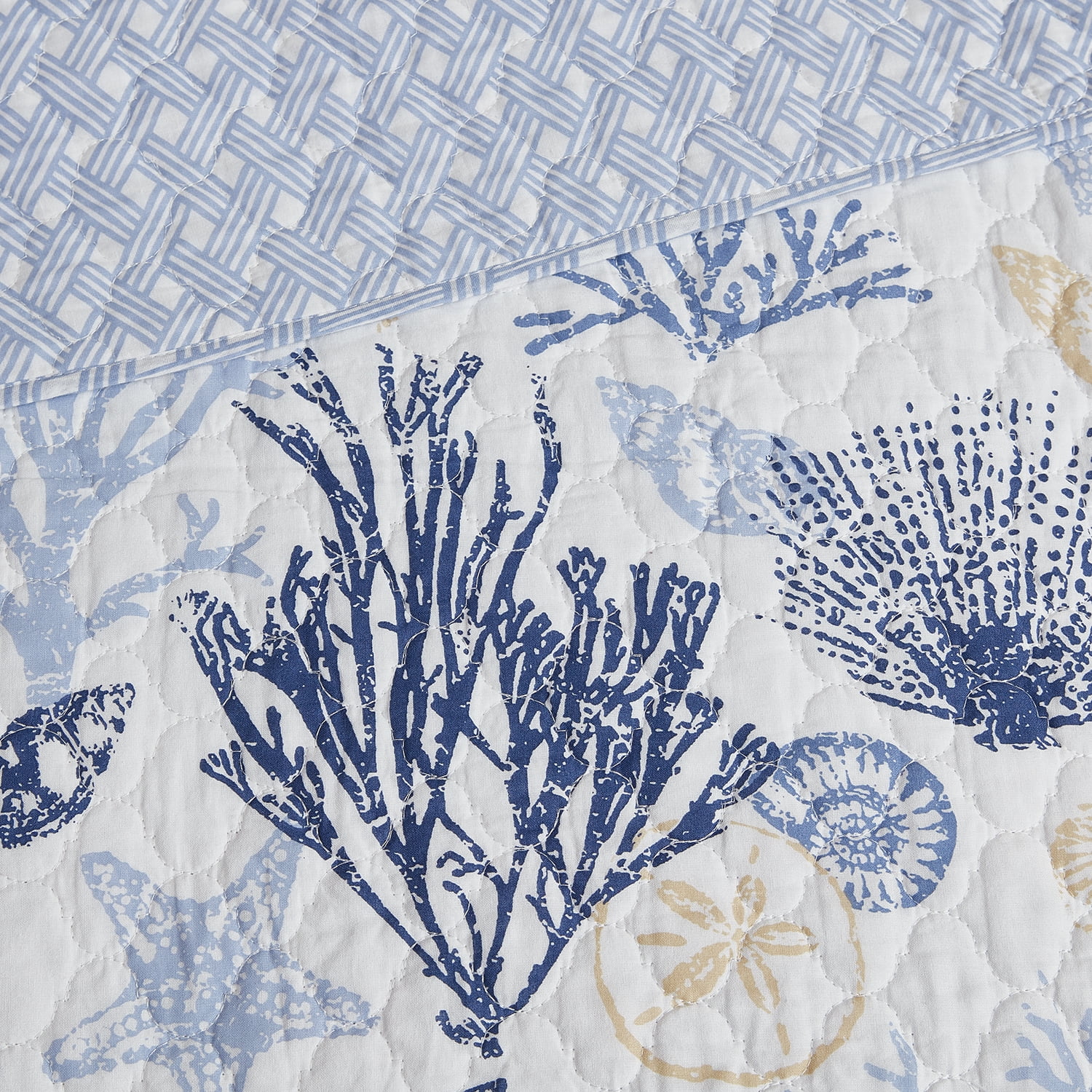 Key West Blue/Tan 3 Piece Cotton Quilt Set - Full/Queen