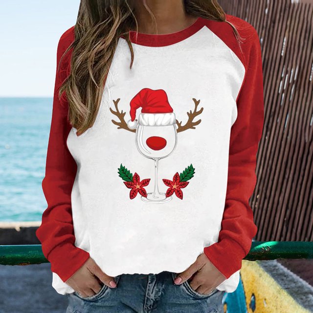 Pntutb Mujer Primavera Patchwork Navidad Impreso Manga Larga Cuello Redondo Casual Tee tops Pntutb Pntutb-5763