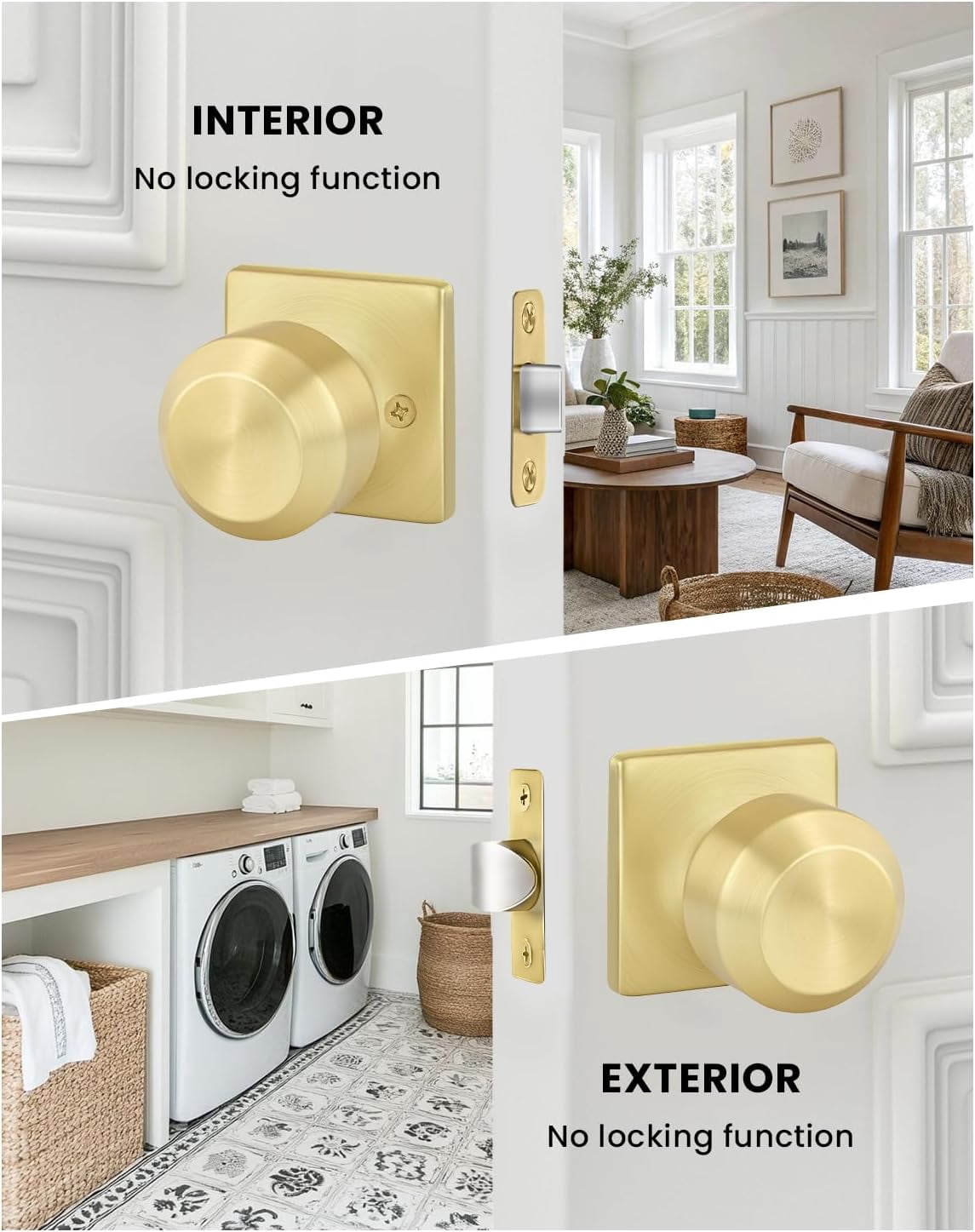 6 Pack Gold Interior Door Knobs, Passage Door Knobs for Closet and Hallways Keyless Non-Locking Doorknob Square Panel