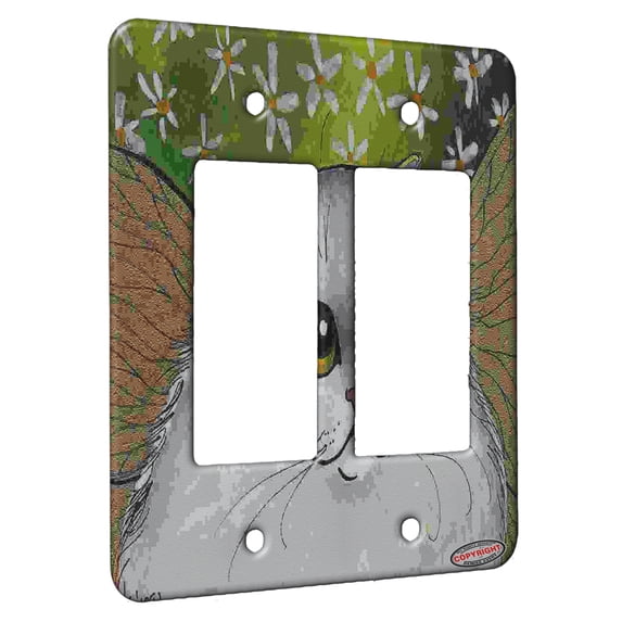 KuzmarK™ 2 Gang Rocker Wall Plate - Silver Persian Kitty Fairy with Daisies Fantasy Cat Art by Denise Every