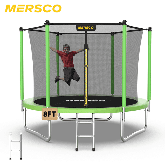 Mersco 8ft Trampoline for Kids and Adults,Outdoor Trampoline with Enclosure,Ladder,Upright-Poled Backyard Trampoline for Family Fun,Jumping Trampoline for Birthday Gift,Green