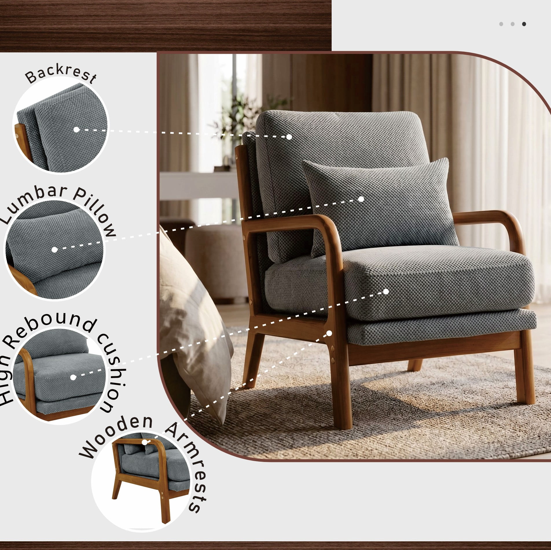 MOONMISS Accent Chair, Reading Club Chair with Pillow for Living Room Bedroom Furniture,Light Gray