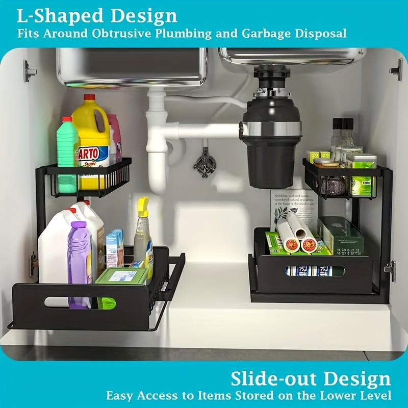 2 Pack Under Sink Organizer Pull Out, 2 Tier Slide Out Cabinet Storage Shelf for Kitchen Bathroom Sink Cabinet