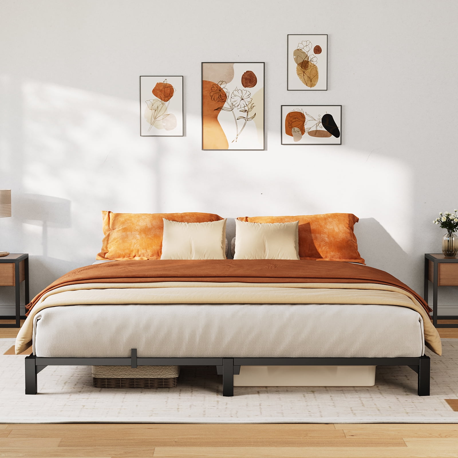 Amkui Twin Full Queen King Bed Frame, 6/8/10/12/14 Inch High Platform Bed Frame, Full Size with Storage Space, Heavy Duty Steel Slat Support, No Screws Needed, Easy Assembly, Black