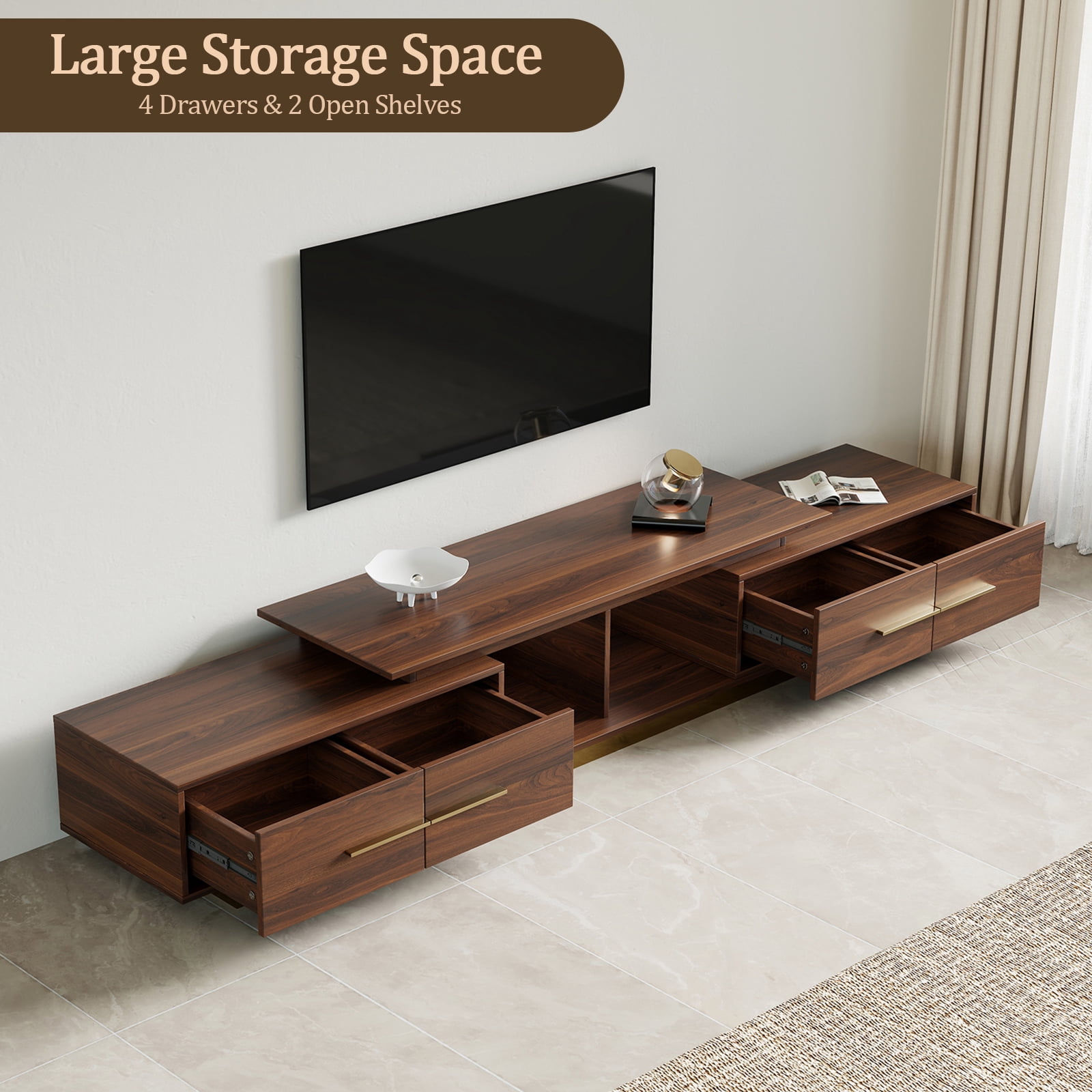 siu want Extendable TV Stand for 55-100 inch TVs, Modern TV Console with 4 Drawers, Walnut Entertainment Center for Living Room
