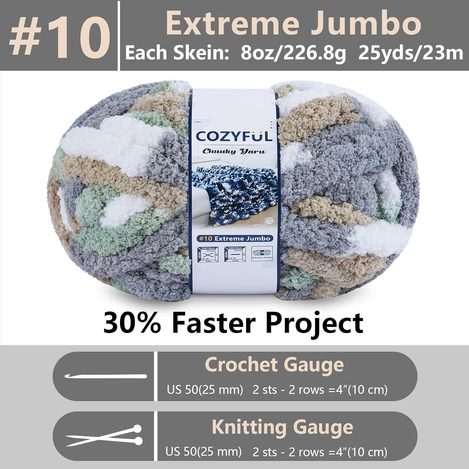 Chunky Yarn for Hand Knitting - #10 Chunky Chenille Blanket Yarn, Jumbo Big Thick Chunky Yarns for Crocheting, Tie Dye Bulky Knit Yarns, 8 Skein (25 yds 8 oz Each Skein), Cream&Sage&Grey&Khaki