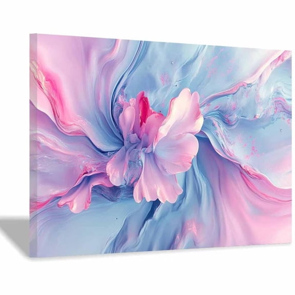 Mudket Framed Abstract Floral Canvas Wall Art Pastel Pink Blue Marble Effect Prints Wall Decor Modern Canvas Print Ready to Hang for Bedroom Living Room Romantic Decor - 12"L x 8"W