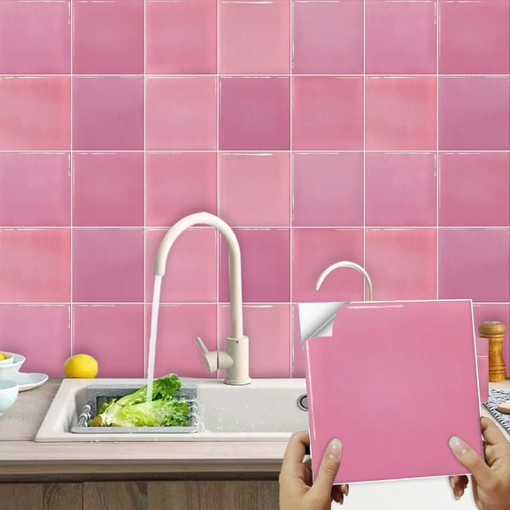 Tile Wall Decals 10 Pcs Set Pink Self-Adhesive Removable Wall Stickers Peel and Stick Bathroom Waterproof Kitchen Backsplash Tile Sticker 6x6inch