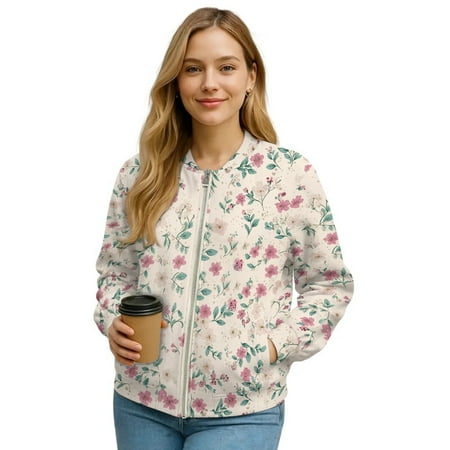 DISNIMO Flower Printed Jackets for Women Long Sleeve Sweatshirts V Neck Outwear Lightweight Sweatshirt Jacket with Pockets L