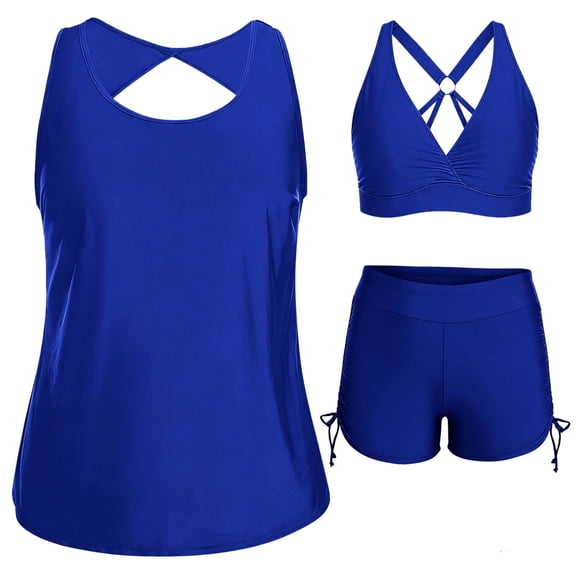 Three Piece Modest Swimsuits for Women,Push Up Swimwear Tankini Top,Push Up Cross Back Padded Bikini Top with Boyshorts