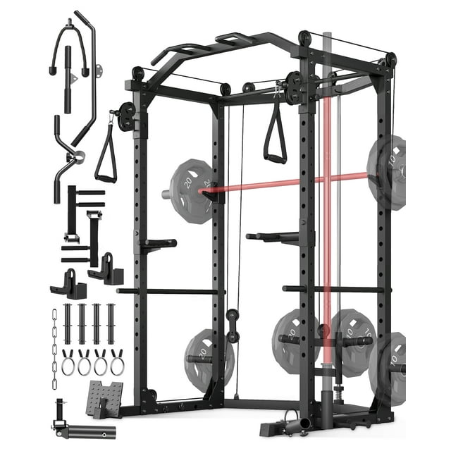 QinaQin 1600lb Power Cage, Multi-Functional Home Gym Squat Rack with Cable Crossover
