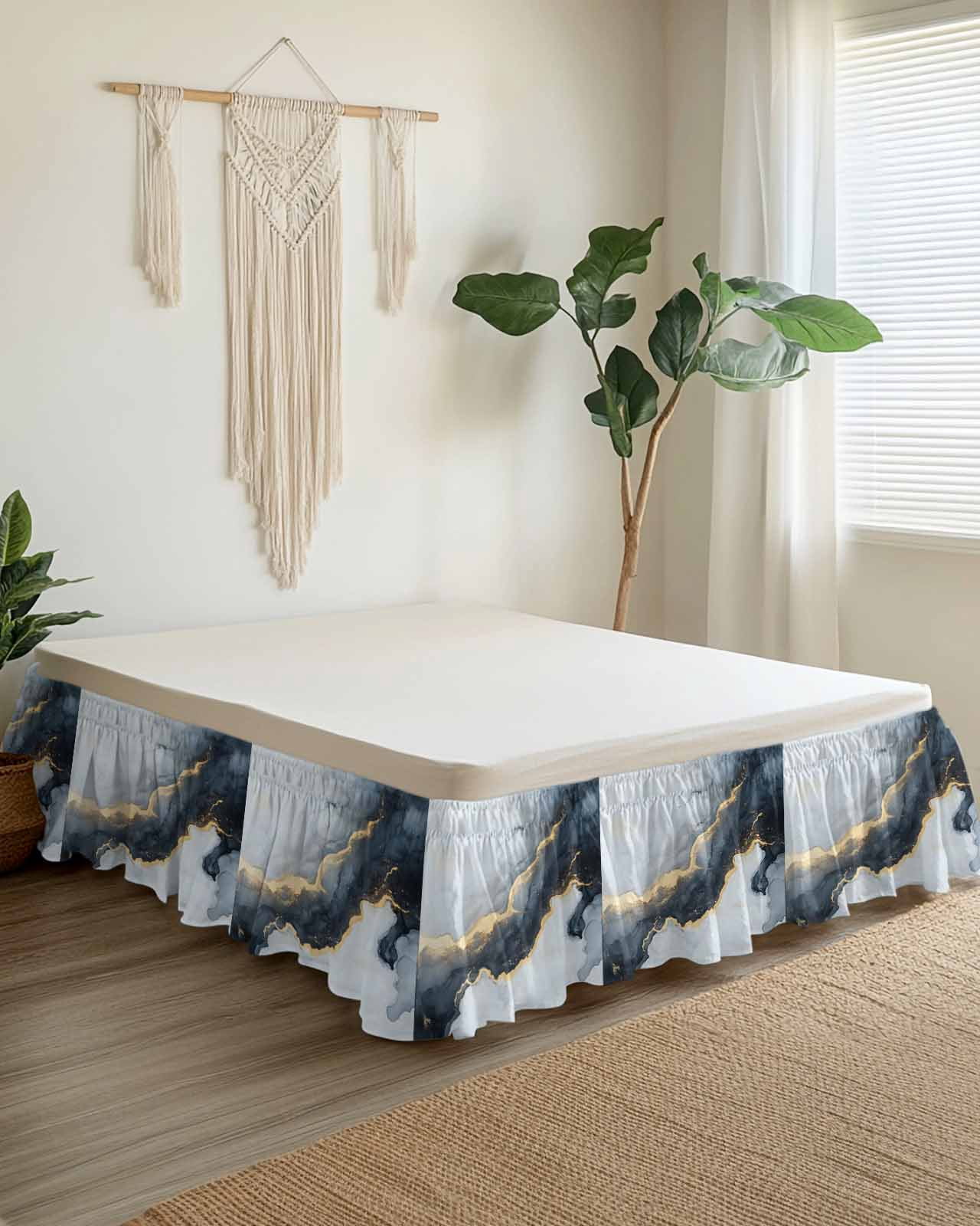 Black Marble Wrap Around Bed Skirts for Queen Bed 16" Drop, Bed Skirt with Adjustable Elastic Belt Dust Ruffle Bed Valance for Bedroom Hotel Luxury Modern Abstract Art Ink Painted Bed Frame Cover