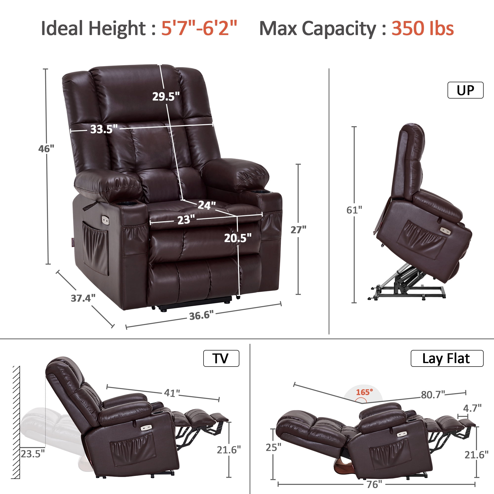 MCombo Large Lay Flat Dual Motor Power Lift Recliner for Big and Tall Elderly, Faux Leather(Dark Brown)