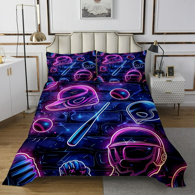 Baseball Bat Quilt Set Baseball Cap Bedspread Set King,European Sports Ball Coverlet Set Softball Competitive Game Quilted,Purple Teal Neon Design Room Decor