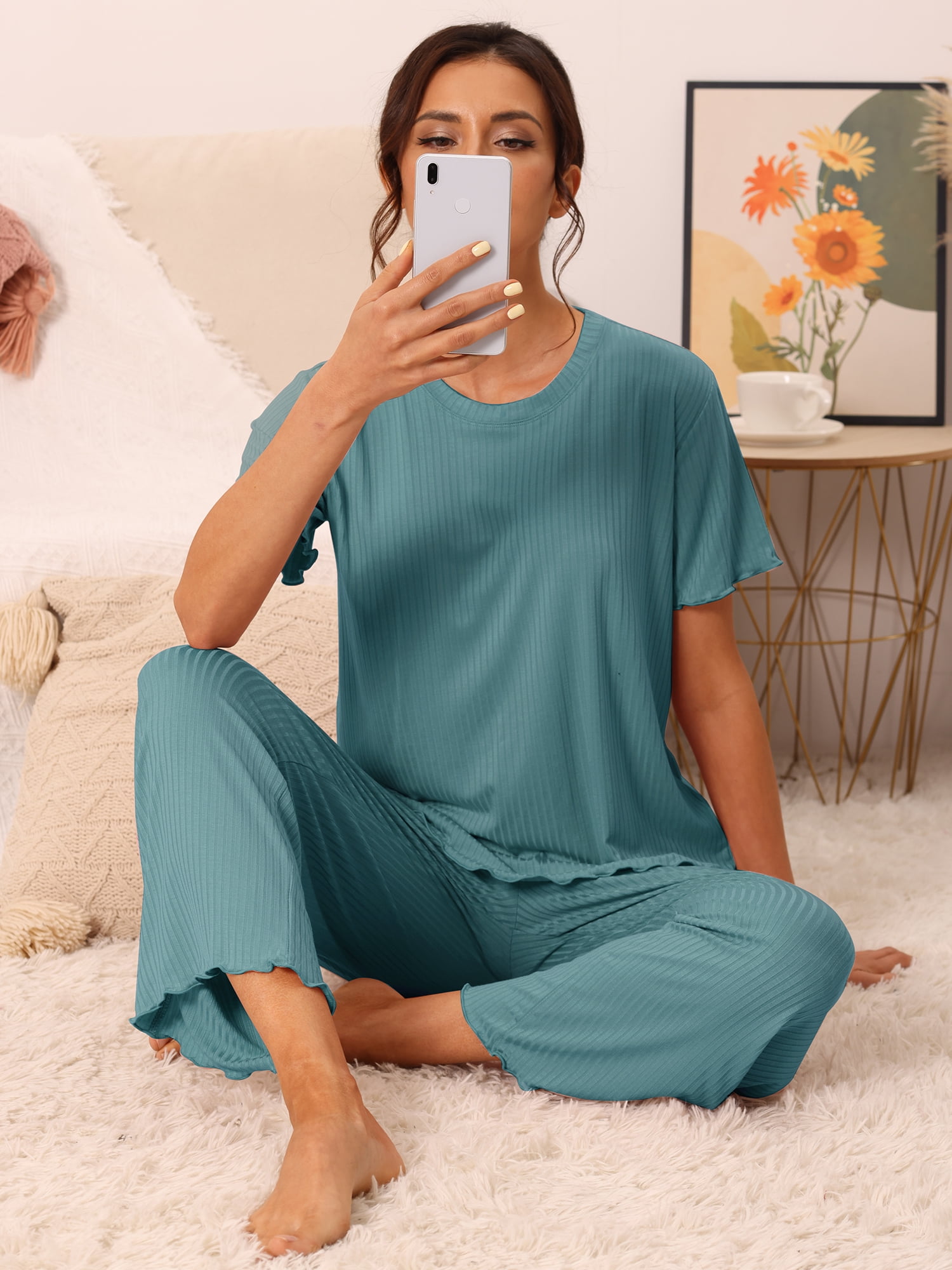 DARING DIVA Women's Ribbed Knit Round Neck Short Sleeve Pajamas Set XL Lake Blue