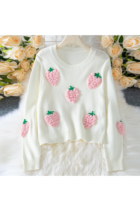 Cute Strawberry Embroidered Cozy Sweaters for Women Fashion Crew Neck Knitted Pullover Sweater Soft Cotton Jumper Tops Fall Sweaters