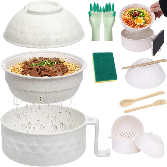 Microwave Ramen Bowl with Lid, 2026 New Ramen Noodles Bowl Set with Chopsticks, Spoon and Fork, Large Portable Soup Container with Handles for Dorm Room College Apartment Essentials (Purple)