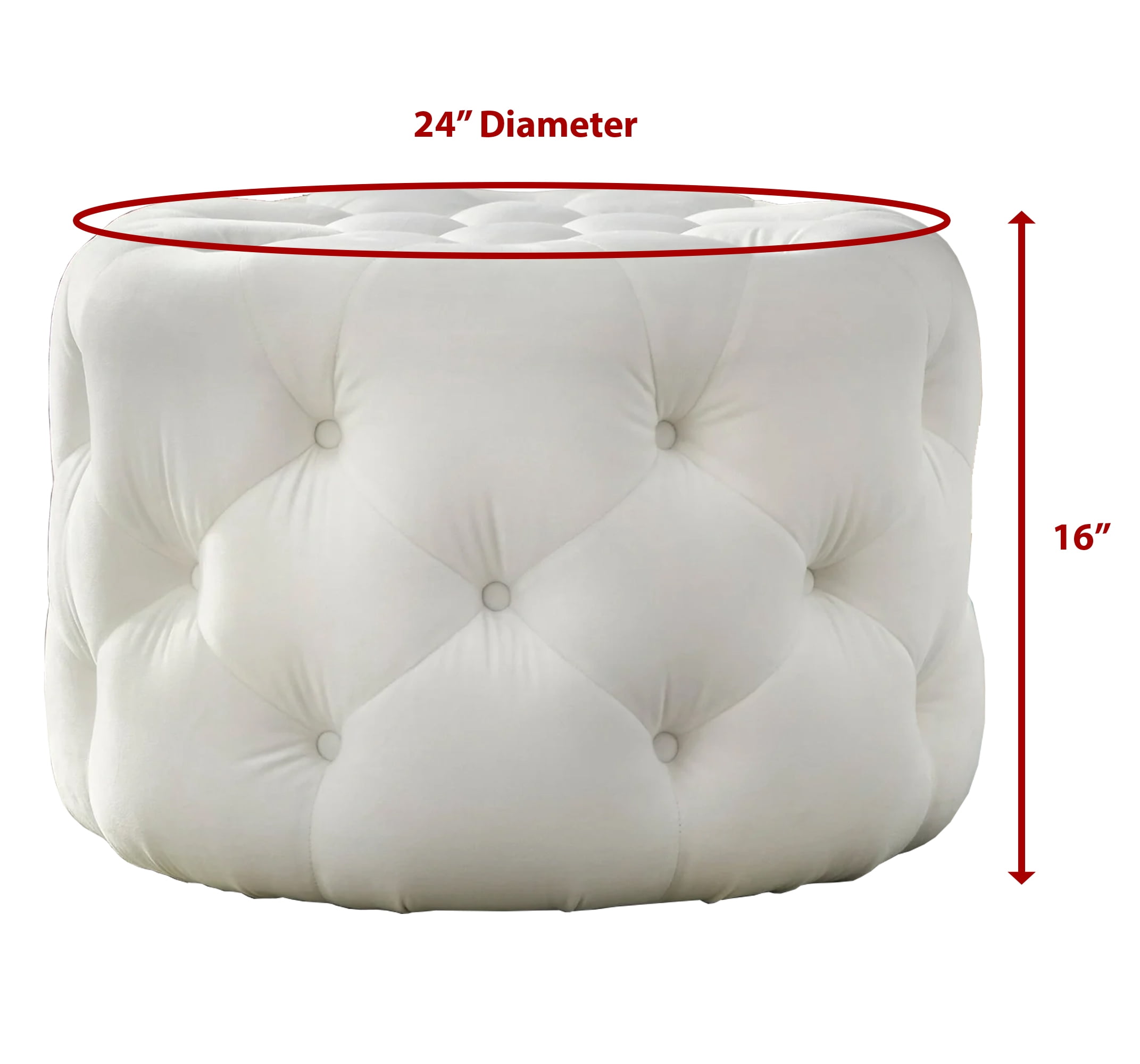 TMS Scopi 24” Upholstered Velvet Round Tufted Ottoman, White Velvet