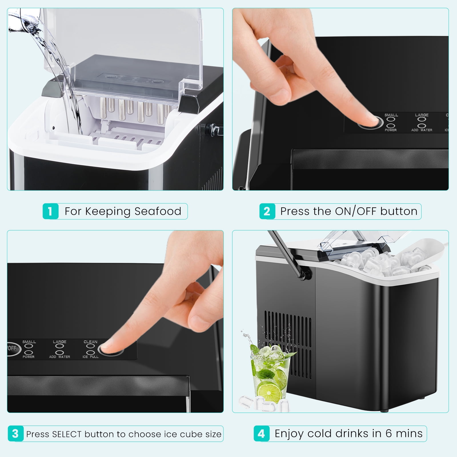 CONCETTA Portable Ice Maker Machine, 26.5 lb/Day Ice, Two Ice Sizes, Self-Cleaning Function, Bullet Ice Maker with Ice Scoop & Basket, Black