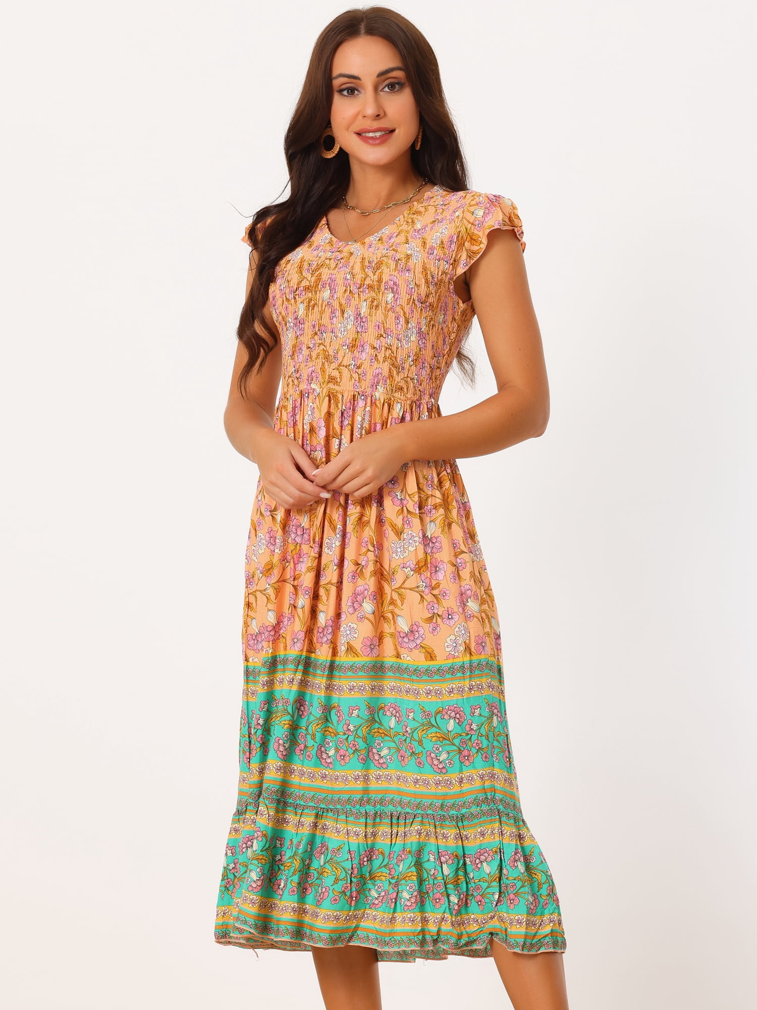 Unique Bargains Women's Floral Flutter Sleeve Smocked High Waist Flowy Boho Dress L Orange