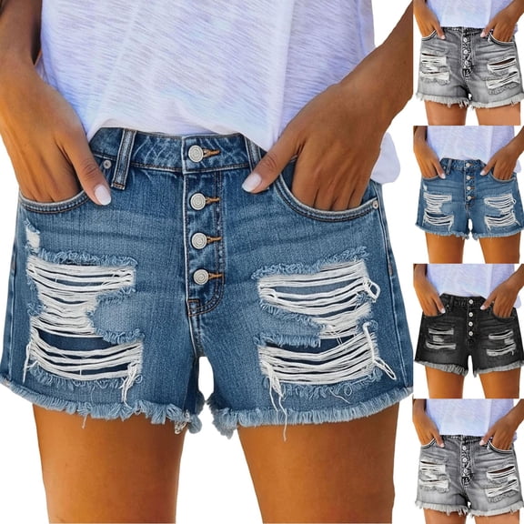 Jean Shorts Womens BWASD Casual High Waisted Stretchy Ripped Denim Shorts Button Down with Pockets Athletic Lounge Loose Dark Blue S-XXL Beach Vacation Summer Trendy