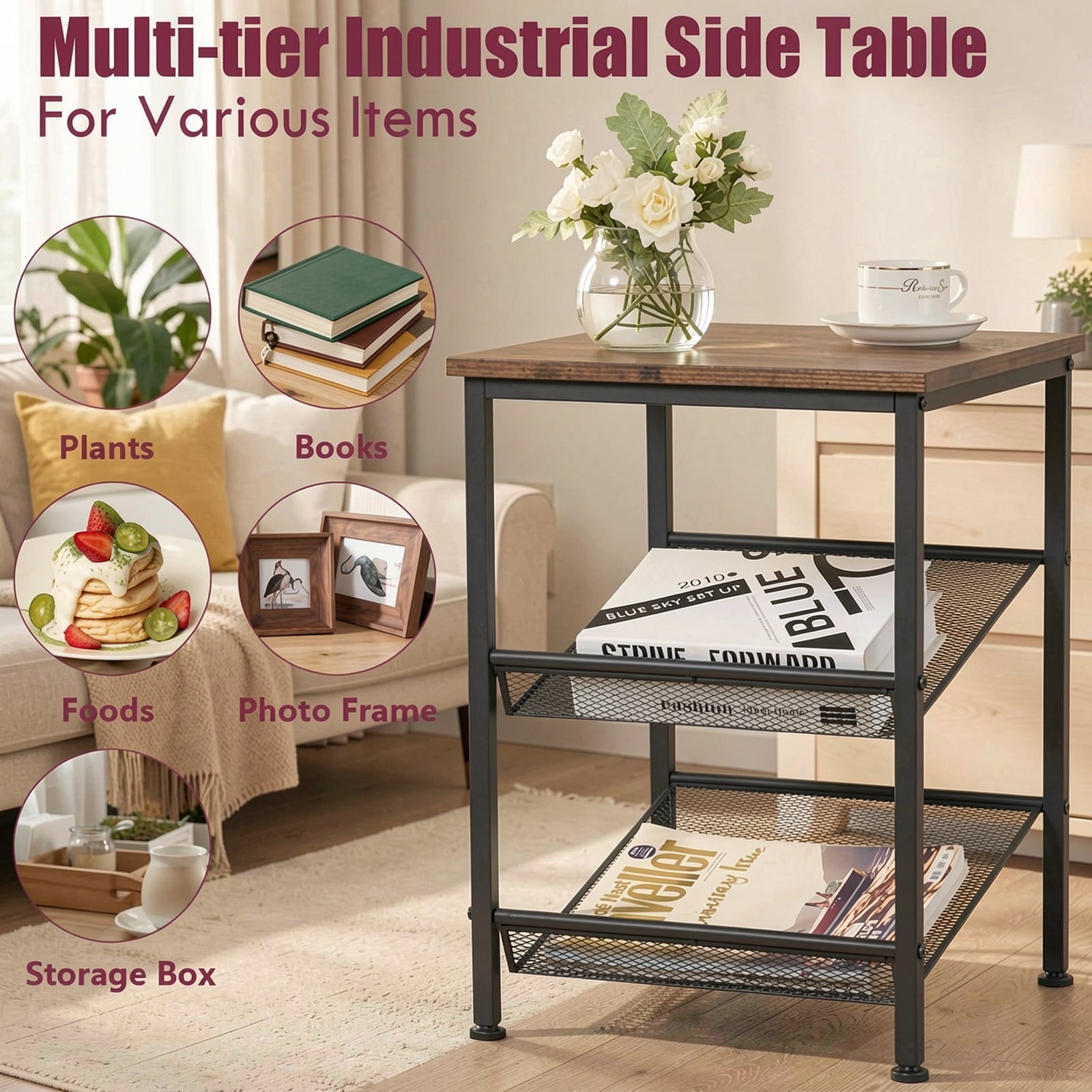 Furnibear 3-Tier Industrial End Table with Adjustable Mesh Shelves, Rustic Brown Wood and Metal Accent Table for Living Room, Bedroom, and Office