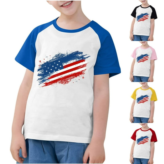 OKSALE Girls T Shirt Size 18-20 Plus Toddler Boys Short Sleeve Summer Clothes USA Stars Striped Printing Tshirts Casual Raglans Kids Girls Independence Day Outfits