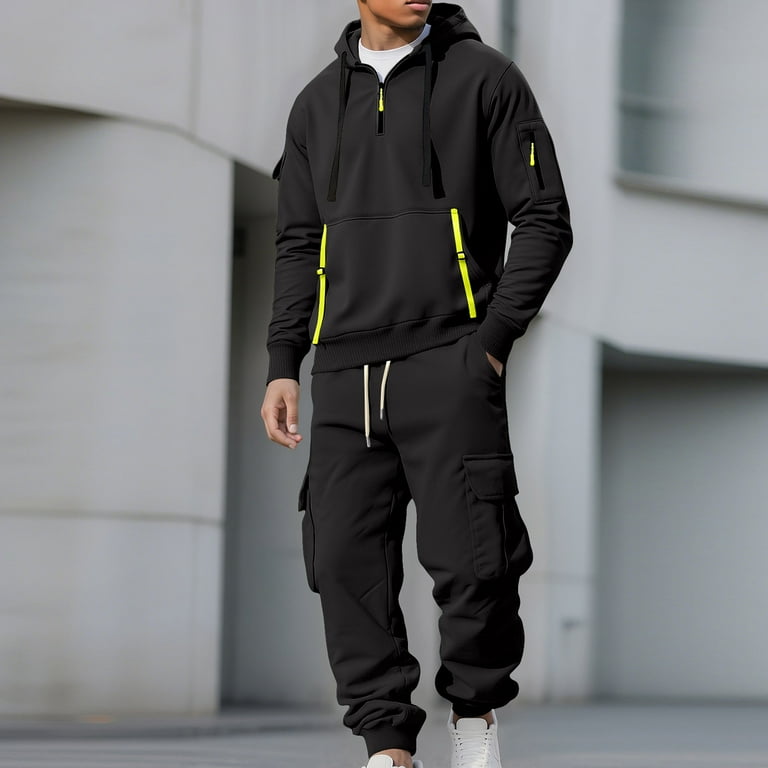 Flight Mode Zip Hoodie cargo pants セット VBVC No Boundarie Men's 2 Piece Contrast Zipper Set,Quarter Zip