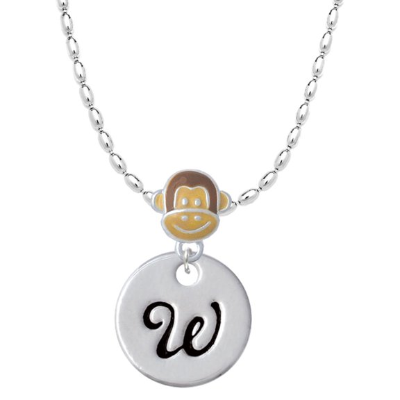 Delight Jewelry Silvertone Large Script Letter - W - 3/4'' Disc - Mia Monkey Charm Necklace