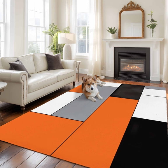 Orange Gray Large Area Rugs 8x10 ft Abstract Color Block Geometric Modern Washable Rug Non Slip Indoor Carpet Absorbent Floor Mat for Living Room Bedroom Dining Room