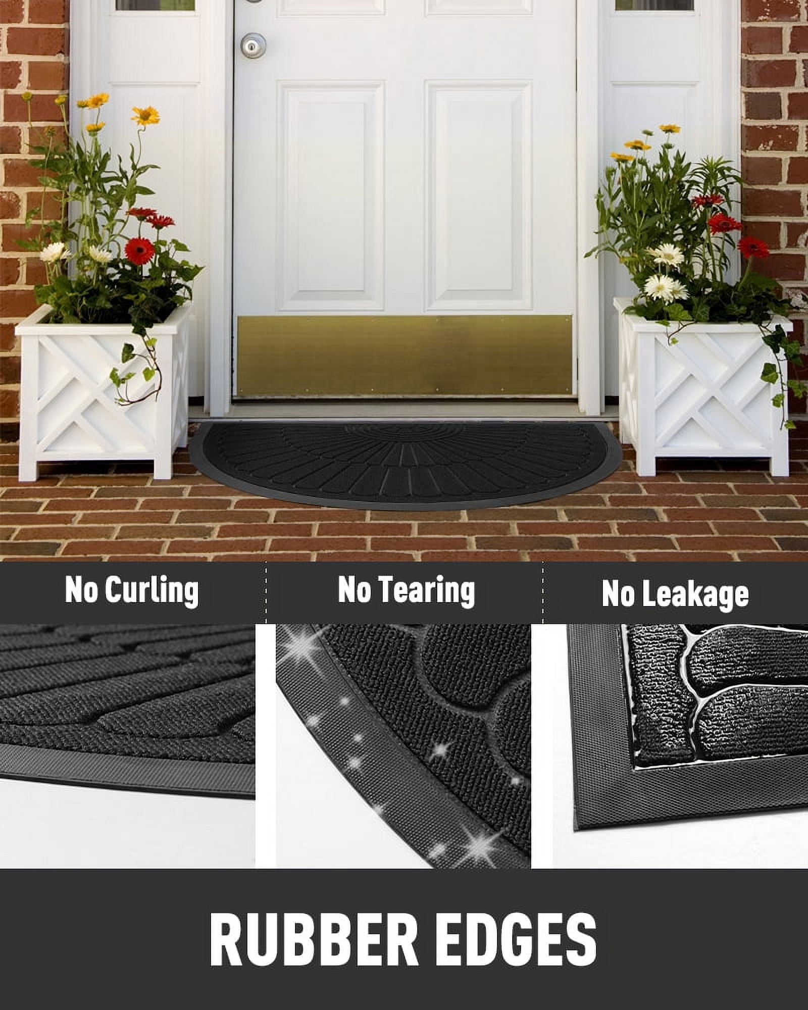 VUNATE Door Mat Outside Indoor Doormat Non Slip Rubber Welcome Mat Outdoor Mat for Front Door Entrance Absorbent Dirt Trapper Floor Mats for Home Low Profile Entry Rug Half Round 24"x35" Black
