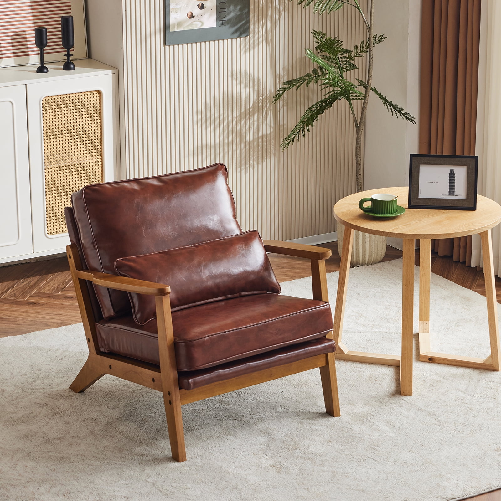 Ktaxon Accent Chair PU Upholstered Armchair, Reading Club Chair with Pillow for Living Room Bedroom Furniture Brown