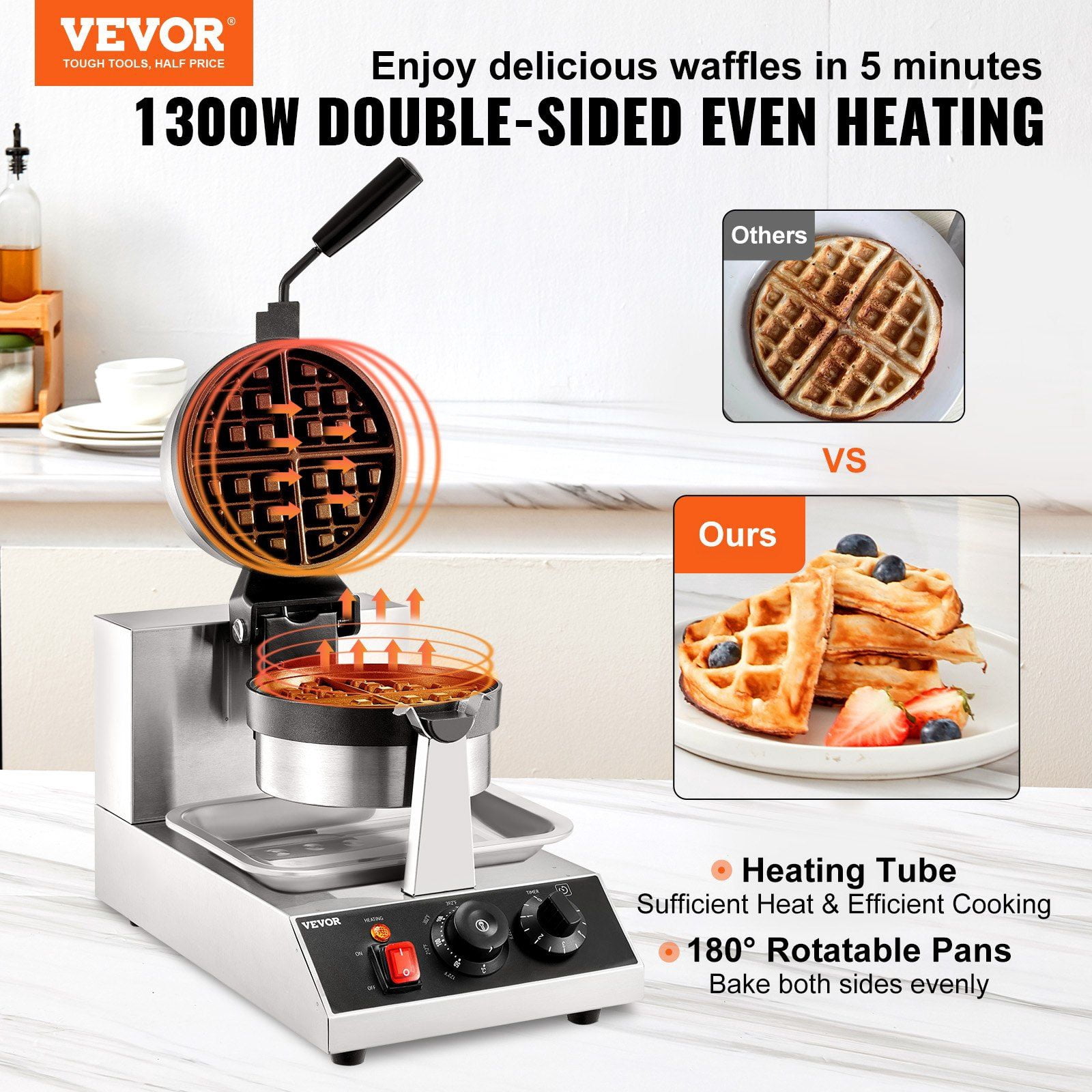 Commercial-Grade Rotating Round Waffle Maker, 1300W Power, Non-Stick Plates, 120V for Fast Cooking