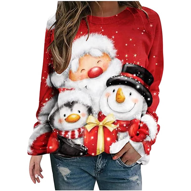 Camiseta de manga larga con cuello redondo para mujer, divertida, vintage, con estampado navideño Fridja FKASFK1353