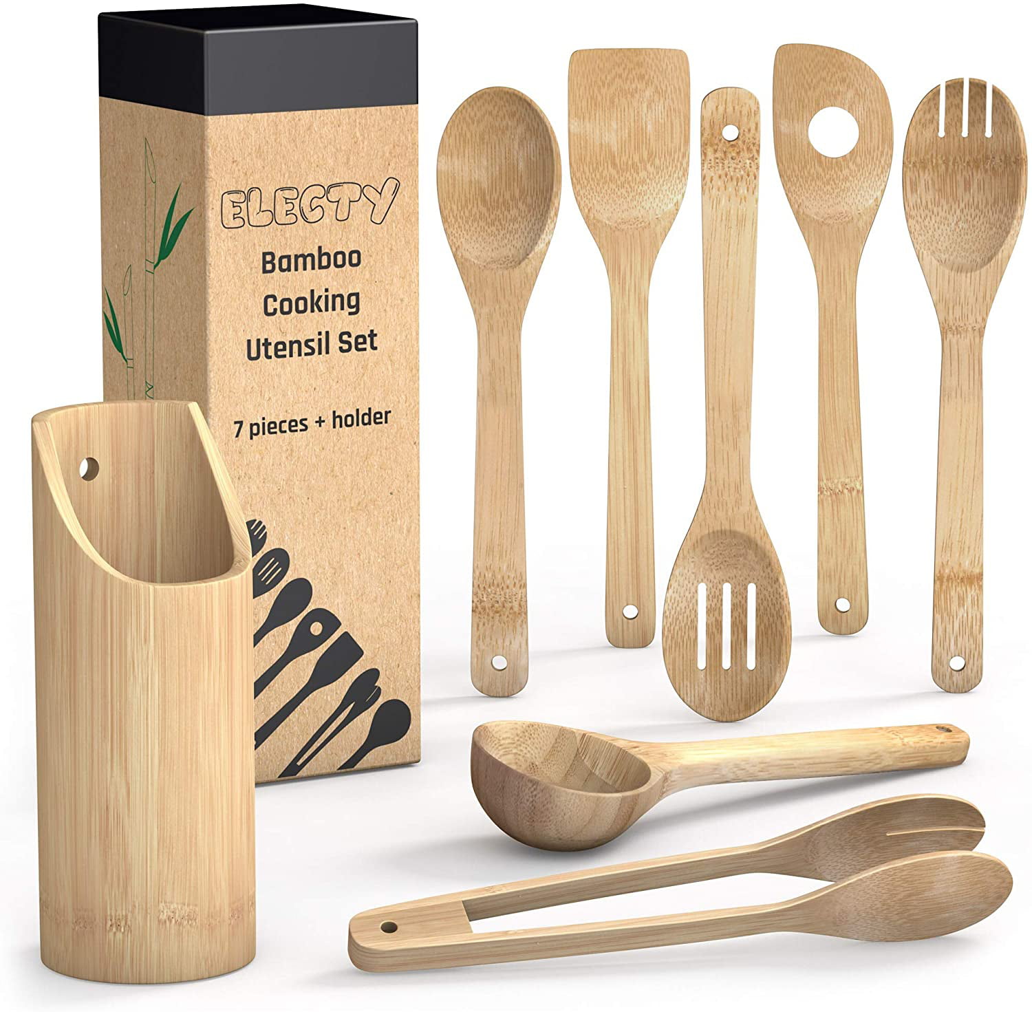 Bamboo Cooking Utensil Set Holder Cutlery Kitchen Wooden Spatula Slotted Turner 