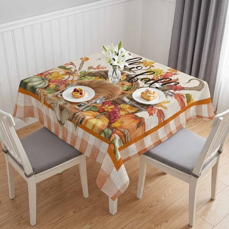 Square Tablecloth-60x60in Fall Pumpkin Fruit Cornucopia Cute Squirrel on Linen Waterproof Table Cloth Kitchen Dining Tables Cover for Indoor Outdoor Wedding Holiday Party Thanksgiving