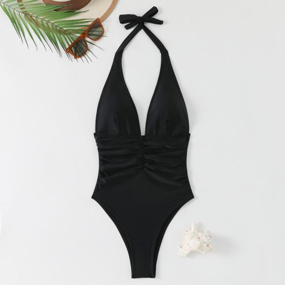 Bxsruta Women's High Waisted Drawstring Bikini One Piece Swimsuit Tummy Control Adjustable Ruched Polyester Summer Beach Swimwear