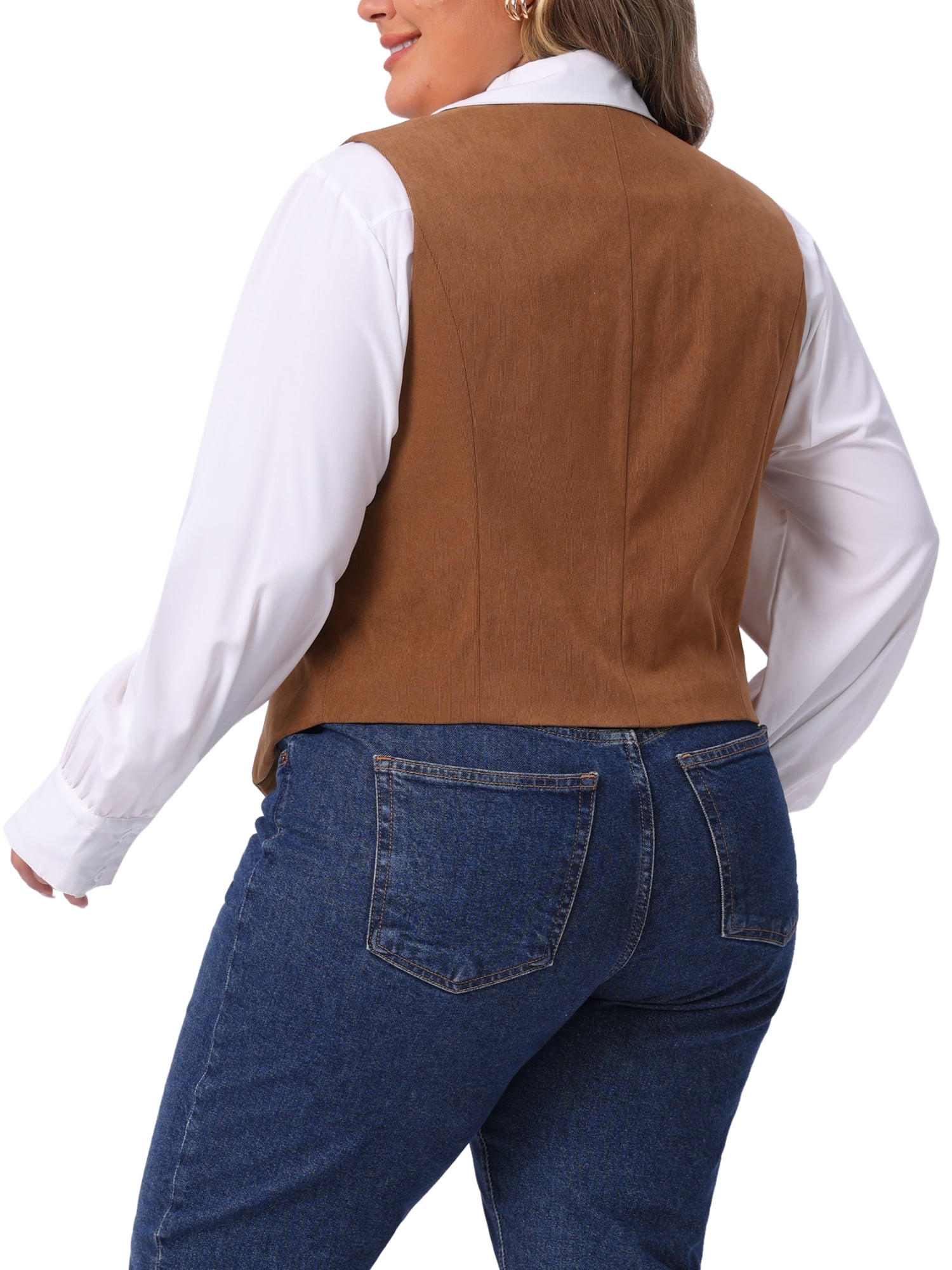 DARING DIVA Women's Plus Corduroy Lined V Neck Sleeveless Jacket 4X Brown
